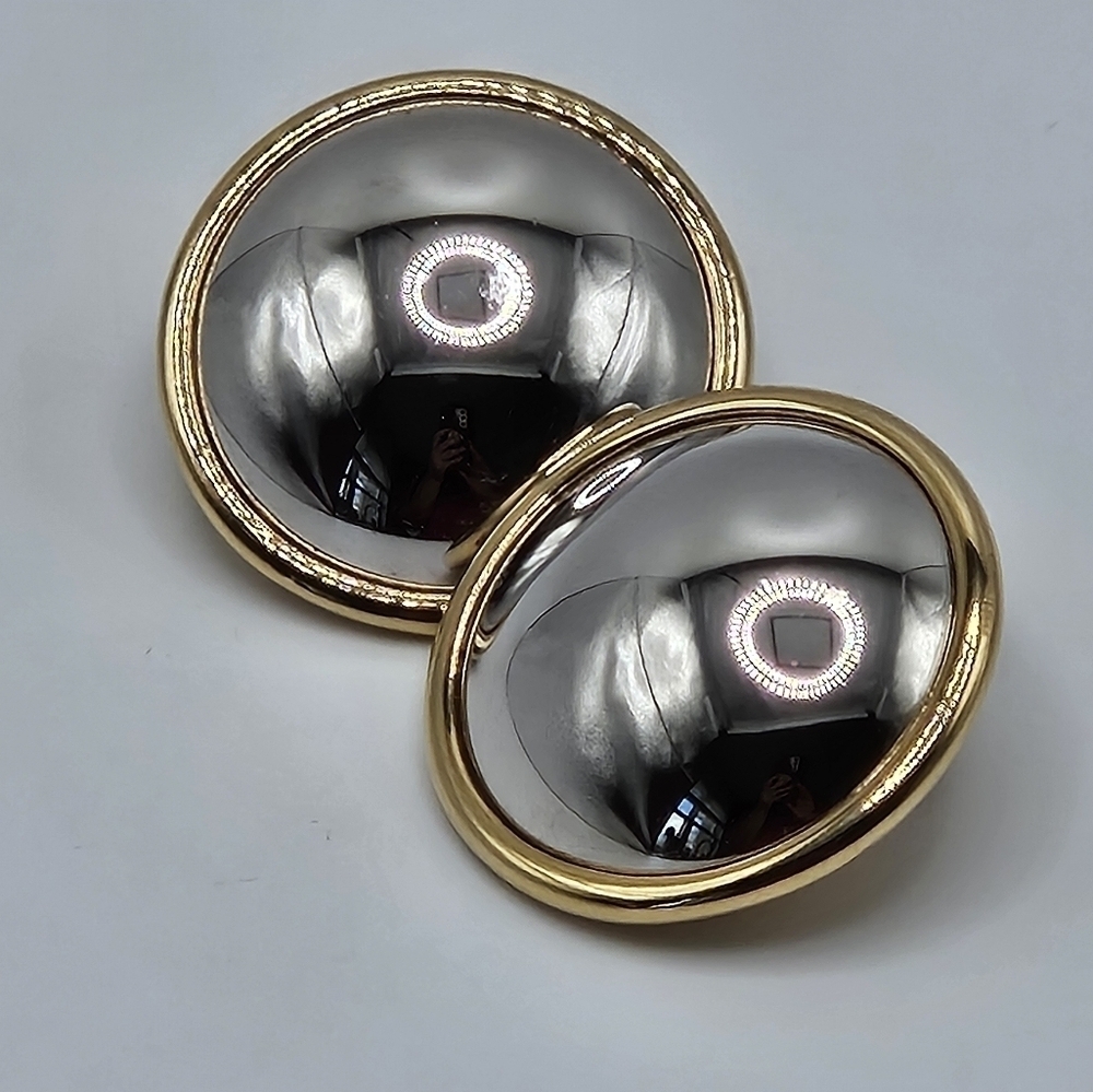 VINTAGE Monet Two-Tone Dome Round Button Silver Gold Clip-On Earrings Signed
